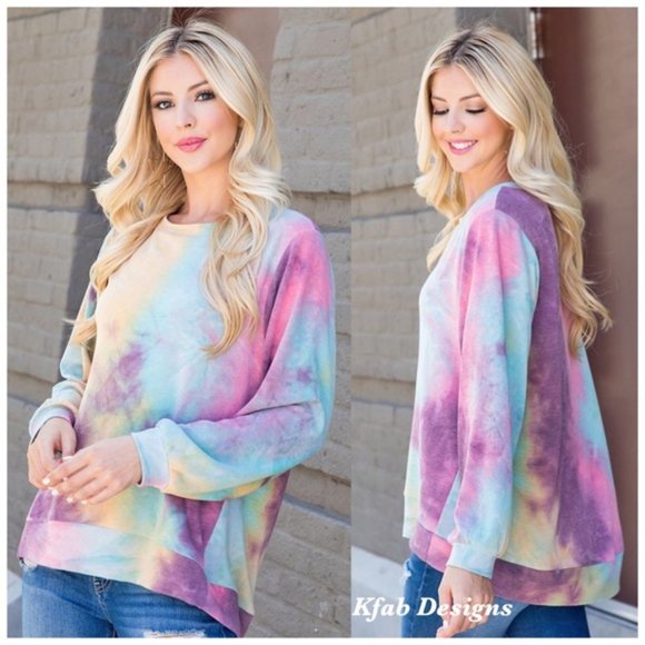 KFab Designs Tops - Tie Dye French Terry Pullover High Low Top